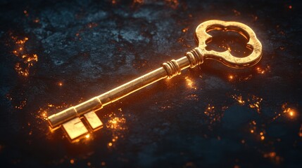 Key to success concept with a golden key and a glowing lock on a dark background.