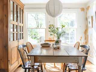 rustic farmhouse dining room with wooden table, vintage decor, and cozy lighting creating a warm atmosphere
