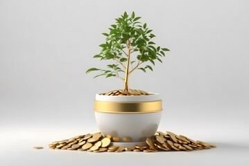 Young green plant with stack coin on ground for growing business financial and accounting concept.
