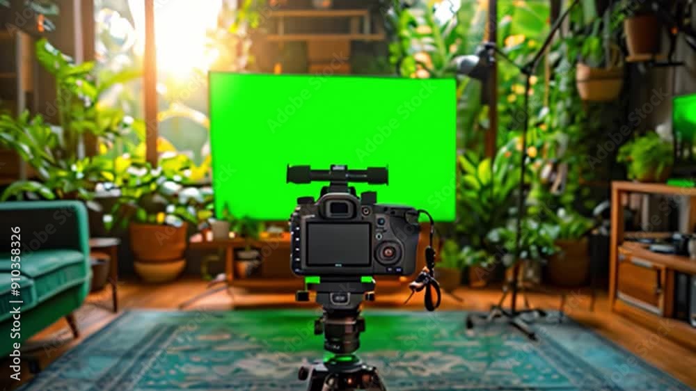 Poster this camera is positioned in a home studio facing a large green screen among lush greenery.