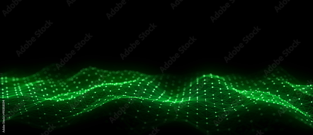 Poster Green wave of particles and lines. Big data visualization. Abstract background with a dynamic wave. 3d rendering.
