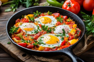 Fototapeta premium Delicious shakshuka featuring eggs, tomatoes, and peppers cooked in a cast iron skillet on rustic wooden table