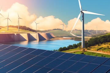 Electricity from solar panels, dams and wind turbines Environmentally friendly renewable energy concept