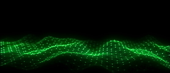 Green wave of particles and lines. Big data visualization. Abstract background with a dynamic wave. 3d rendering.