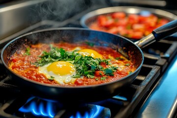 Fototapeta premium Cooking delicious shakshuka with eggs and fresh herbs in a modern kitchen