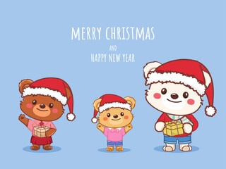  Christmas santa claus bear with the Gift box. Illustration vector premium.