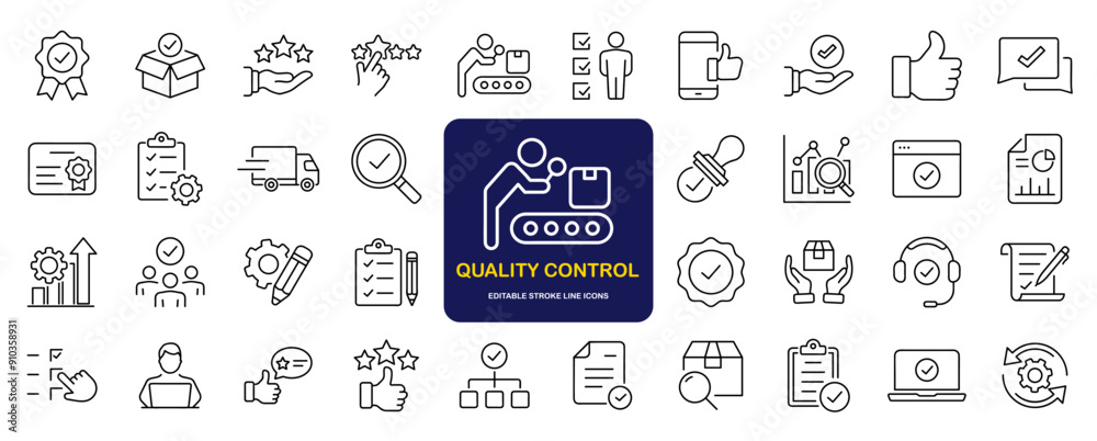 Poster Quality control set of web icons in line style. Quality Check computing icons for web and mobile app. Containing inspection, evaluation, production, quality assurance, certificate, testing and more