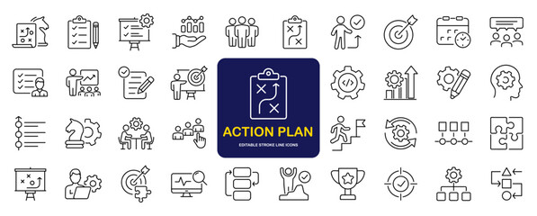 Action plan set of web icons in line style. Strategy action planning  icons for web and mobile app. Containing strategy, analysis, planning, strategy, analysis, tasks, goal, implementation and more