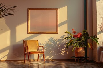 A frame with a glossy finish that catches the eye, A chair and a plant in front of a window, creating a cozy corner for relaxation, AI Generated