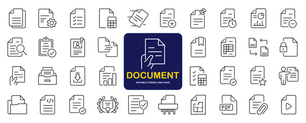 Document set of web icons in line style. Documents linear icon collection. Containing contract papers, folder, certificate, accept, approved, clipboard, invoice, archive and more. Editable stroke