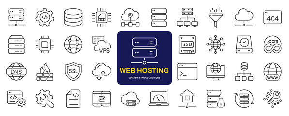 Web hosting set of web icons in line style. Hosting and cloud computing icons for web and mobile app. Containing webspace, data exchange, domain, cloud, website, server, traffic and service and more