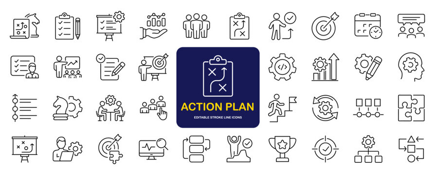 Action plan set of web icons in line style. Strategy action planning  icons for web and mobile app. Containing strategy, analysis, planning, strategy, analysis, tasks, goal, implementation and more