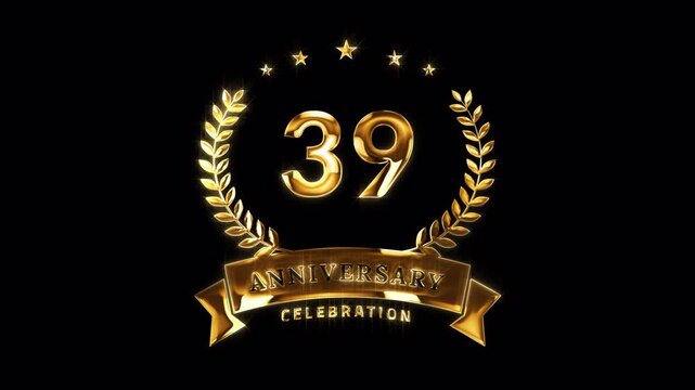 39th Anniversary Celebration. Happy 39 Years Anniversary Animation in Gold Color on the Transparent Background, Alpha Channel. Great for greetings, celebrations, events, and gifts.