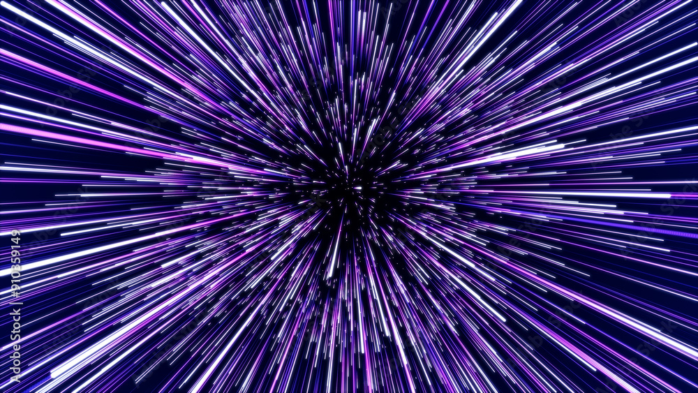 Poster Abstract blue hyper jump. Digital hyperspace with flow of bright particles. Beams motion in galaxy. Big stars explosion. Space glowing tunnel moving at the speed of light. 3d rendering.