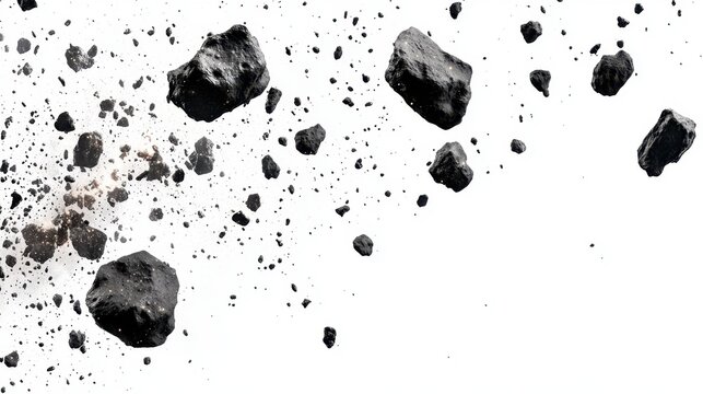 Swarm of asteroids isolated on a white background, perfect for space and astronomy-themed visuals.