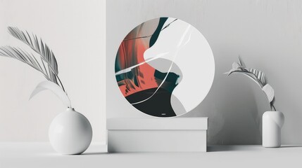 A round sticker mockup with an abstract, modern art design, applied to a sleek, white gift box. The scene is minimalist with a focus on the sticker.