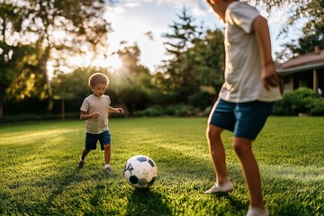 Father and son playing football in the backyard