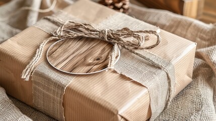 A rustic round sticker mockup with a natural, wood grain design, affixed to a craft paper-wrapped gift. The setting includes a burlap tablecloth for a country feel.