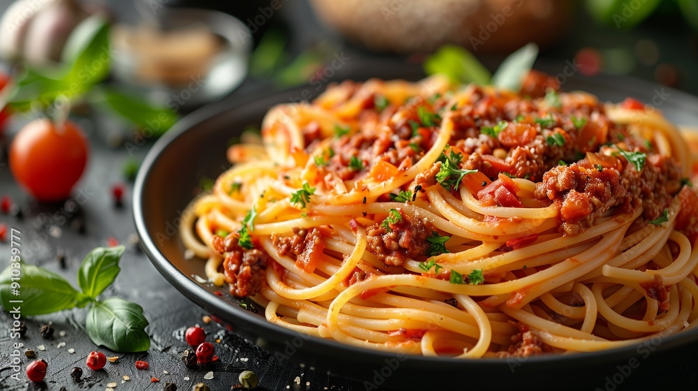 Wall mural Delicious Plate of Spaghetti Bolognese Served With Fresh Herbs and Cherry Tomatoes