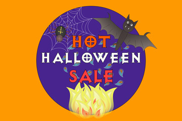 Naklejka premium Eye-catching Halloween sale design featuring a bat, spider, and fire. Ideal for spooky promotional banners and advertisements.