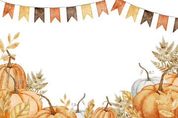 Pumpkin Banner watercolor illustration. Drawing of autumn frame with garlands and guards on isolated background for Harvest festival or Halloween greeting cards. Border with fall leaves with pennants. © Alisles