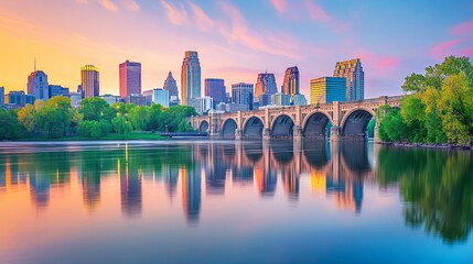 Minneapolis, Minnesota, USA skyline with the Stone Arch Bridge on the Mississippi River at dusk.