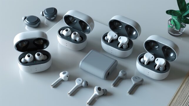 A series of 3D wireless earphone mockups, each displayed in a charging case and with different earbud sizes, presented on a clean white surface.