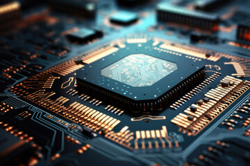 Fototapeta premium generated illustration of modern chip gpu card with circuit blue neon lights
