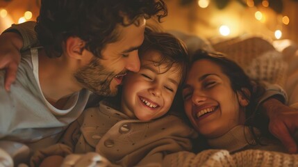 Portrait of a happy family smiling in bed