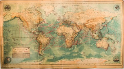 Fototapeta premium A world map with postal routes highlighted, showing how mail connects people across continents