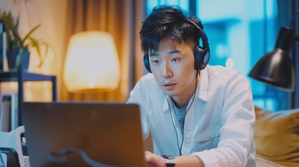 A person attentively studies on a laptop while wearing headphones in a cozy indoor environment
