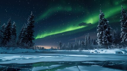 A snowy landscape at night with a frozen lake in the foreground, pine trees dusted with snow, and the aurora borealis casting a green glow across the scene.