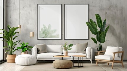 Minimalist Living Room Interior with White Sofa and Plants