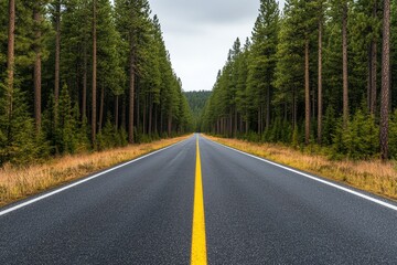 Fototapeta premium Empty road lined with towering pine trees, peaceful and isolated, copy space for text