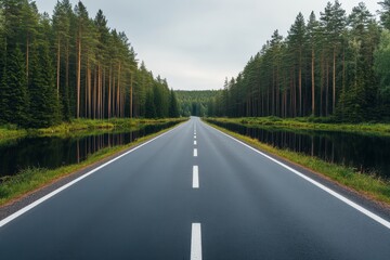 Road alongside a pine forest river, reflection of trees in the water