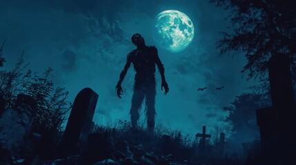 Spooky night scene with a zombie rising from a graveyard, perfect for Halloween themes.