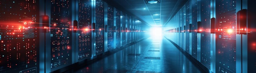 Low angle of a server room with connectivity and prevention symbols, clear background. Space for text.