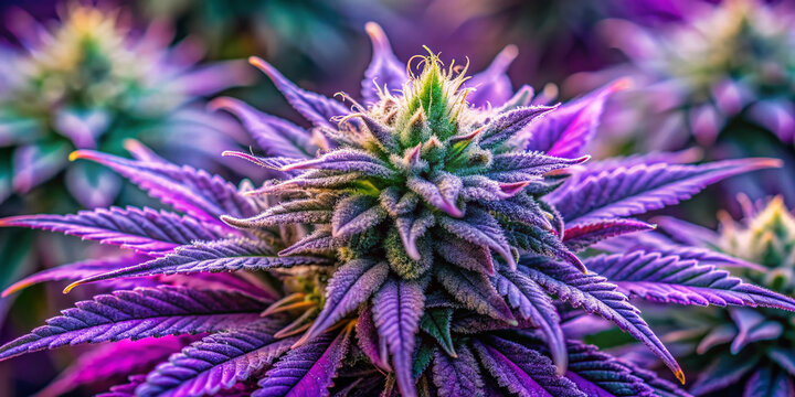 Vibrant purple and green cannabis flowers bloom under soft natural light, showcasing intricate details of trichomes, pistils, and sugar leaves in a stunning close-up capture.