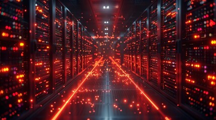 Fototapeta premium High-angle shot of a server room with connectivity and prevention icons, emphasizing secure storage. Space for text.