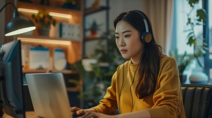 A young woman in a sweater studies intently at her laptop in a well-lit home workspace