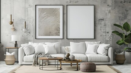 White Sofa with Wooden Coffee Table in a Modern Living Room with Concrete Wall