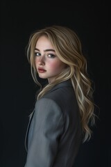Fototapeta premium Portrait of a blonde woman in a grey blazer against a dark background, showcasing elegance and sophistication.