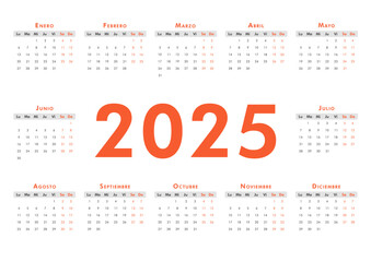 Horizontal modern A4 calendar for 2025 on spanish language. Week starts on Monday. Desk or wall calendar in minimalist style