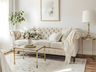 Elegant living room with a classic tufted sofa, featuring vintage-inspired décor and cozy ambiance.