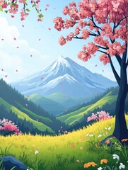 A serene mountain scene with a single tree standing out in the foreground