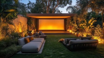 cozy backyard cinema setup with large projector screen and plush seating warm ambient lighting lush greenery intimate atmosphere outdoor entertainment