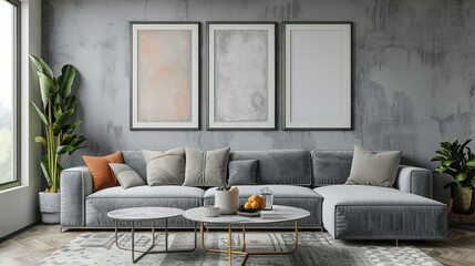 Modern Living Room Interior with Grey Sectional Sofa and Framed Art