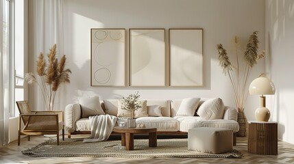 Minimalist Living Room with White Sofa, Beige Rug, and Abstract Art