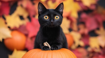 A black cat with arched back and glowing eyes, sitting on a pumpkin.