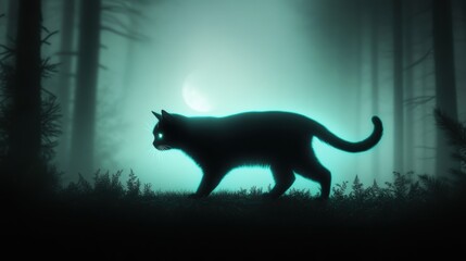 A black cat with a glowing, iridescent coat, walking through a moonlit forest.